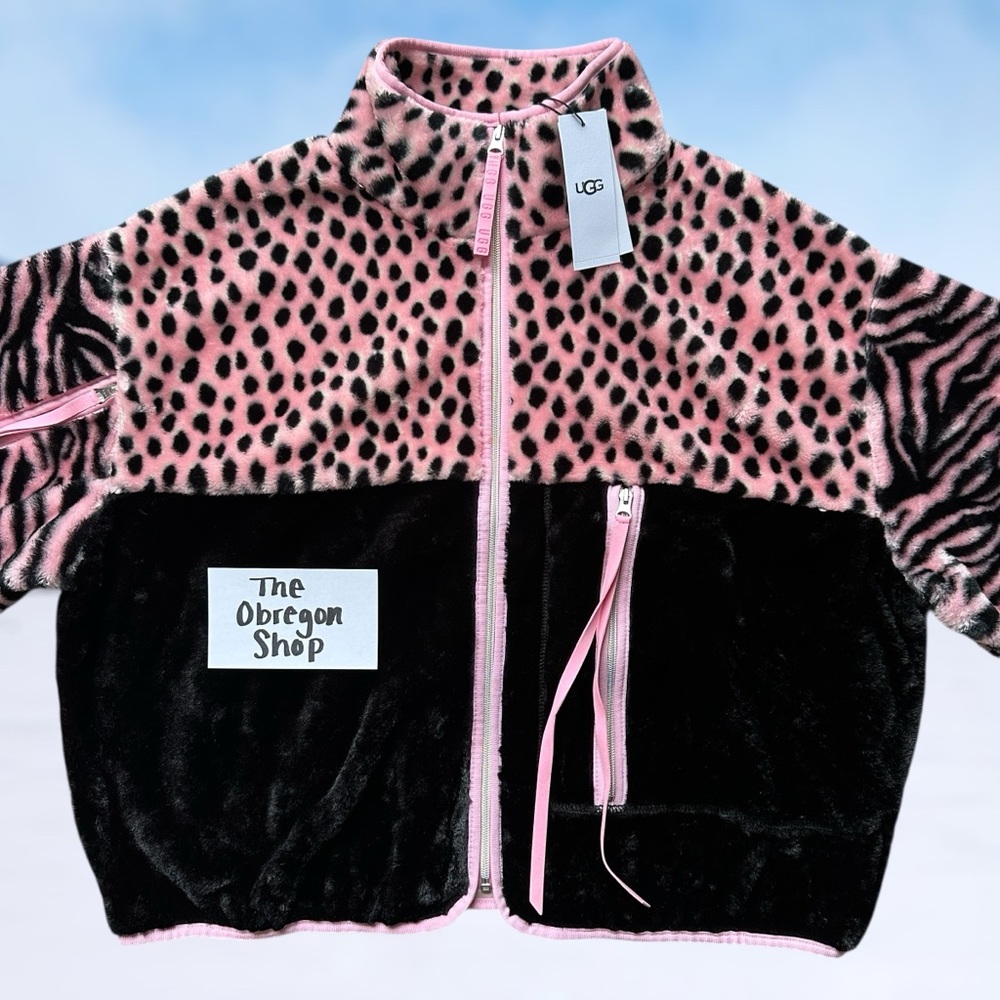 UGG MARLENE SHERPA ANIMALIA WOMENS FULL ZIP JACKET SIZE MEDIUM PINK BLACK NEW